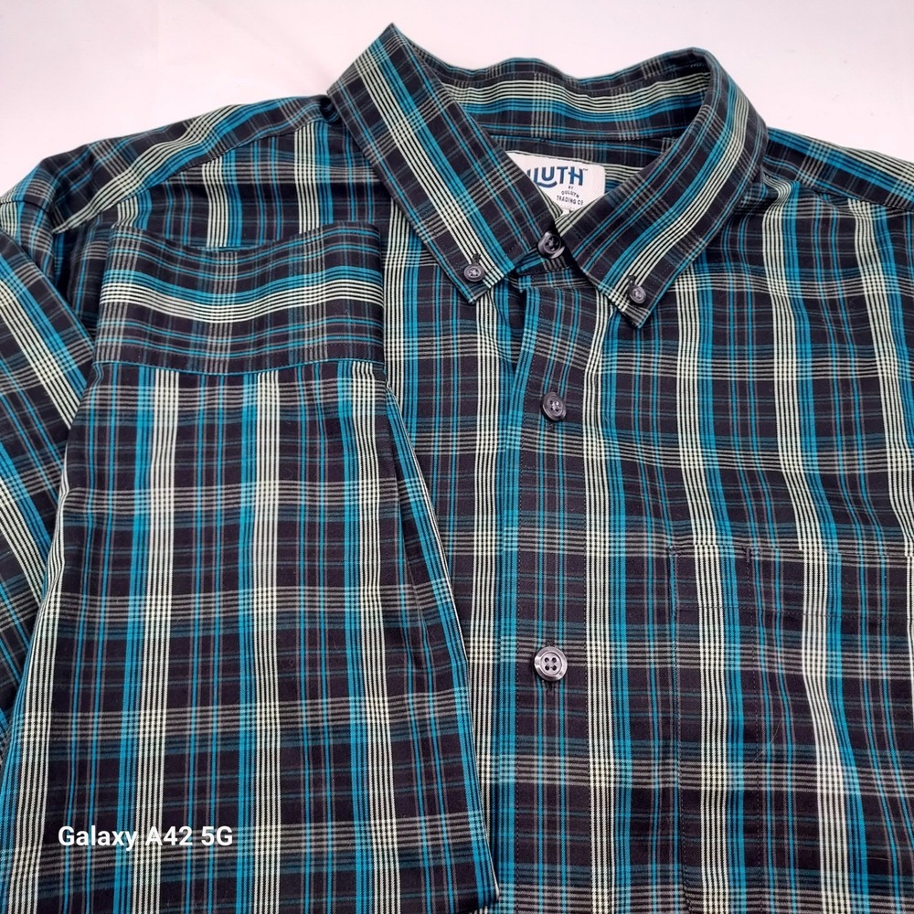 Duluth Trading Co Mens Relaxed Fit Plaid Button Down Shirt Blue Teal Medium